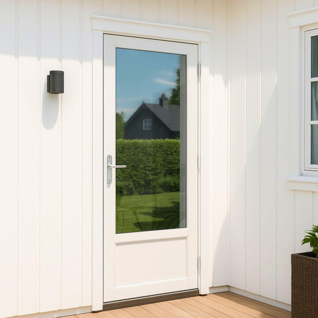 Terrassedør med spejlfolie, der spejler haven og huset udenfor