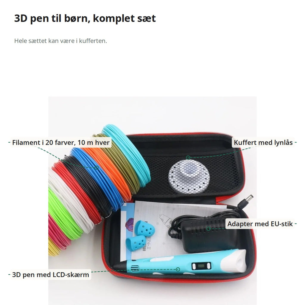 Sættet med markeringer: filament i 20 farver på 10 m hver, kuffert med lynlås, adapter med EU-stik og 3D pen med LCD-skærm