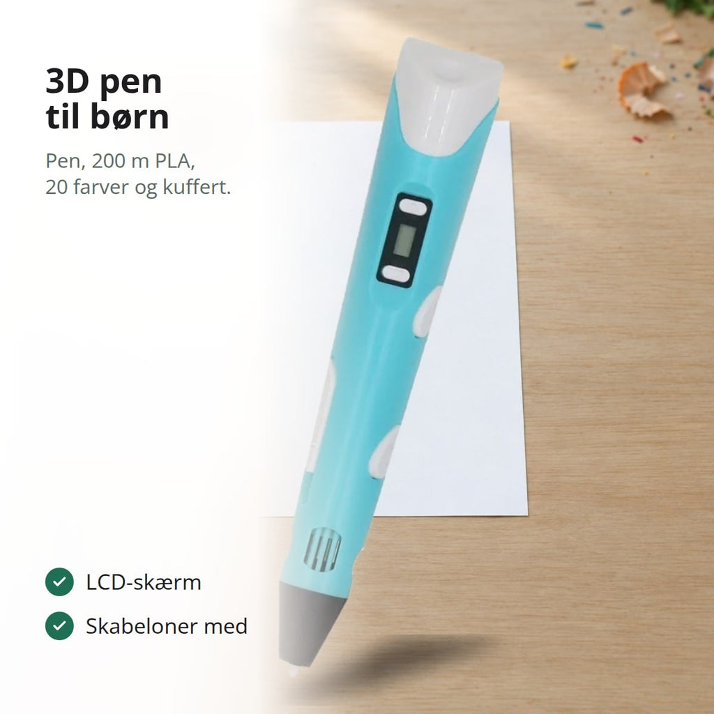 Blå 3D pen med LCD-skærm på et hvidt ark på et lyst træskrivebord, med teksten: komplet sæt med 200 m PLA i 20 farver, kuffert og adapter