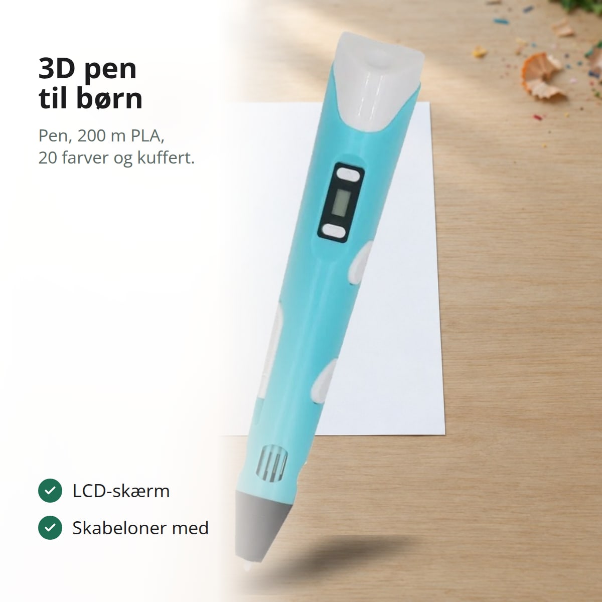 Blå 3D pen med LCD-skærm på et hvidt ark på et lyst træskrivebord, med teksten: komplet sæt med 200 m PLA i 20 farver, kuffert og adapter