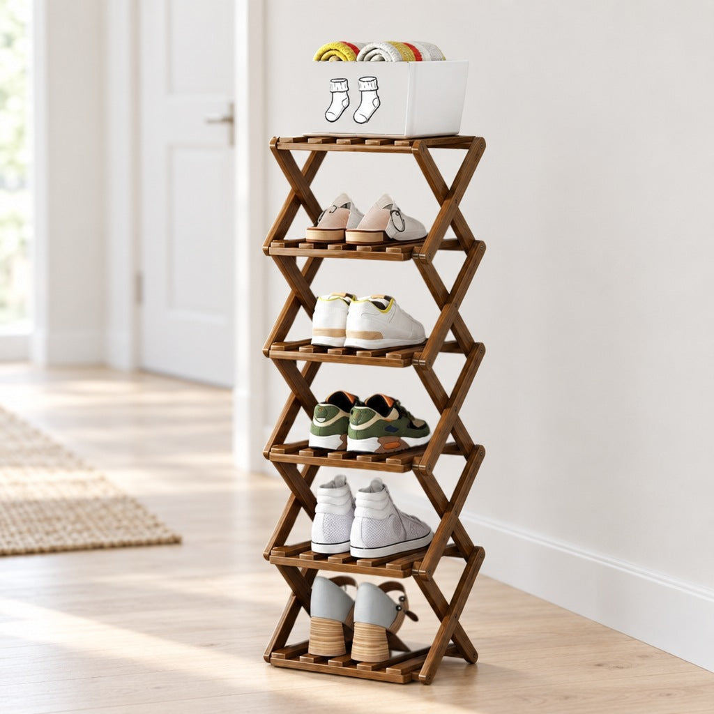 Skoreol i bambus med fem hylder, smal model til entréen