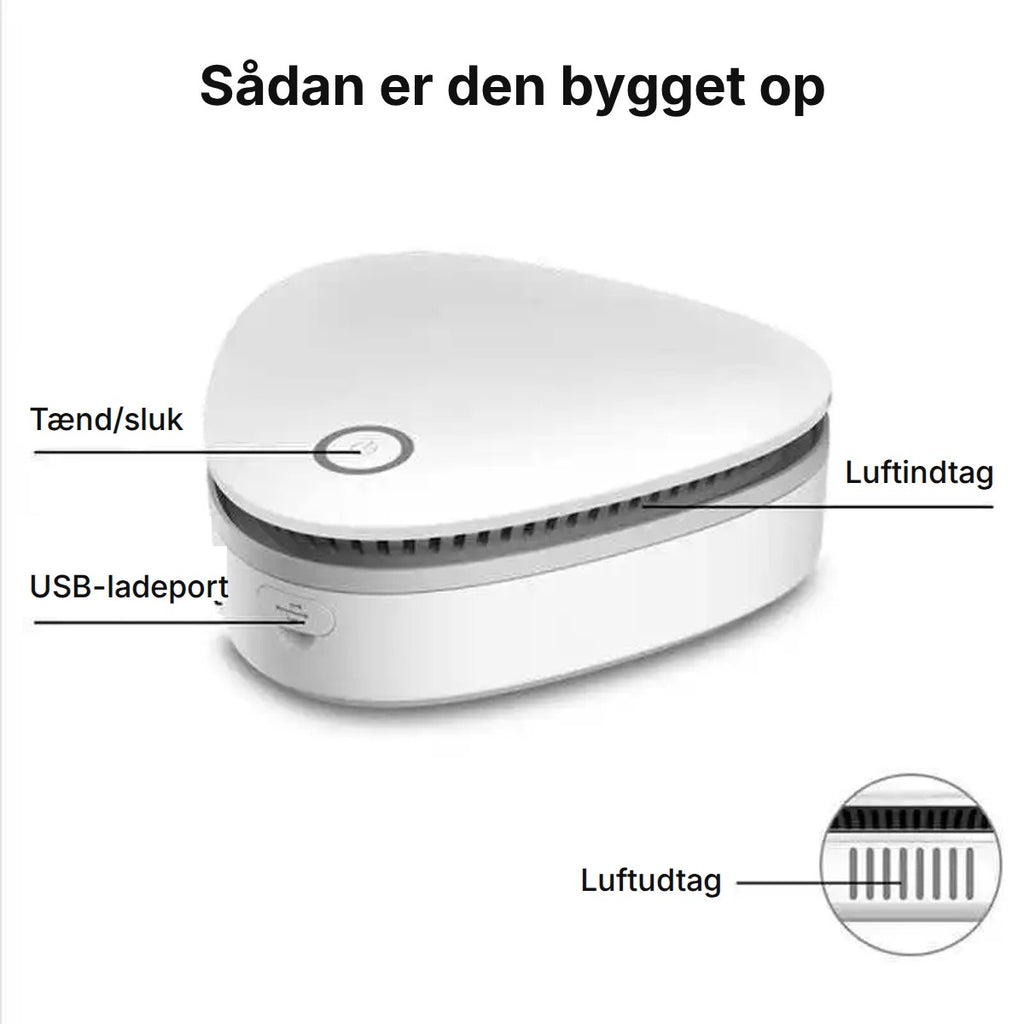 Tænd/sluk-knap, USB-ladeport, luftindtag og luftudtag