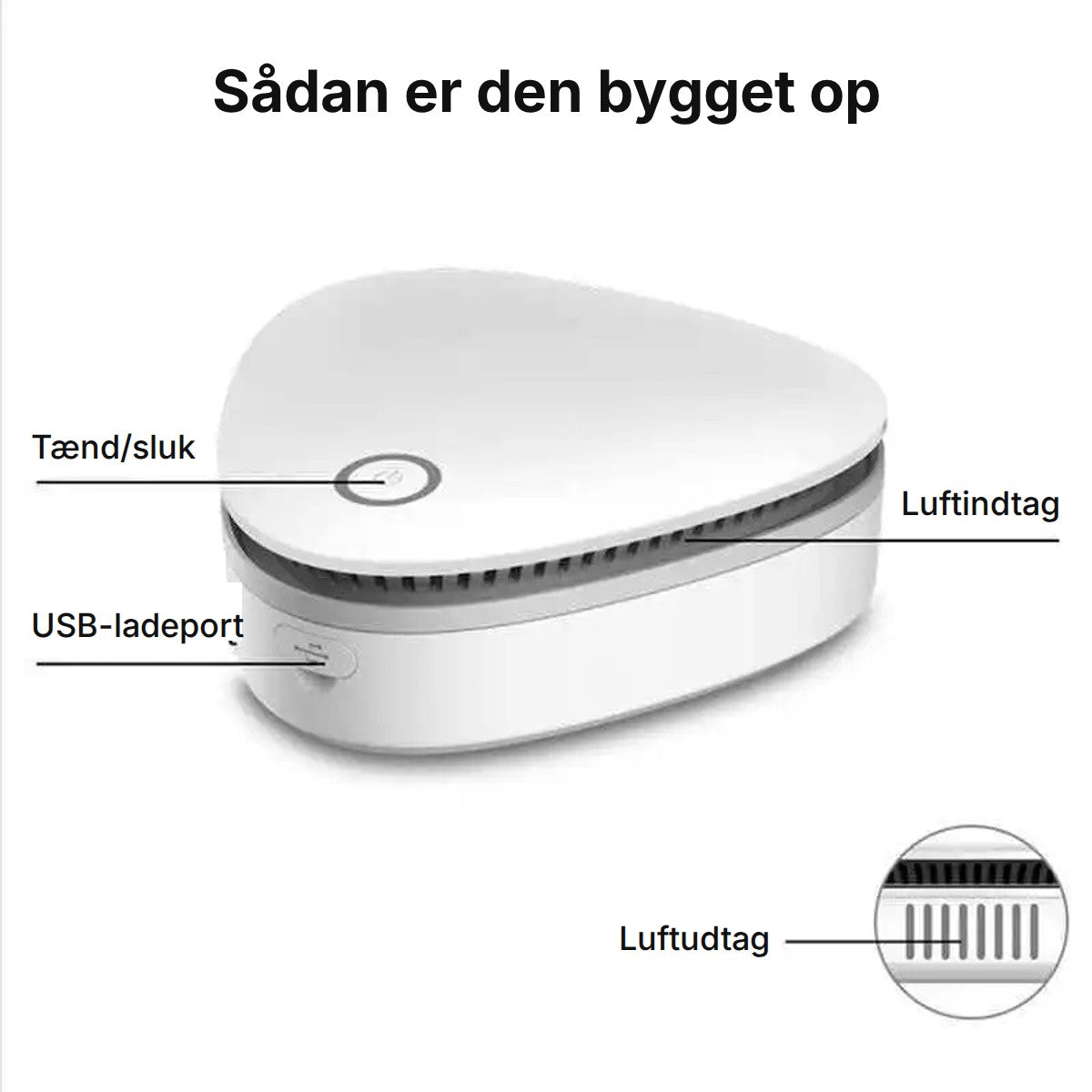 Tænd/sluk-knap, USB-ladeport, luftindtag og luftudtag