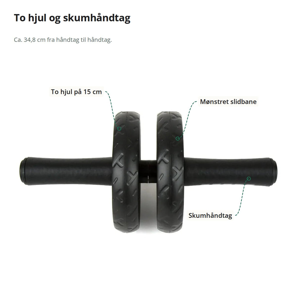 Ab wheel set forfra med markeringer: to hjul på 15 cm, mønstret slidbane og skumhåndtag, ca. 34,8 cm fra håndtag til håndtag