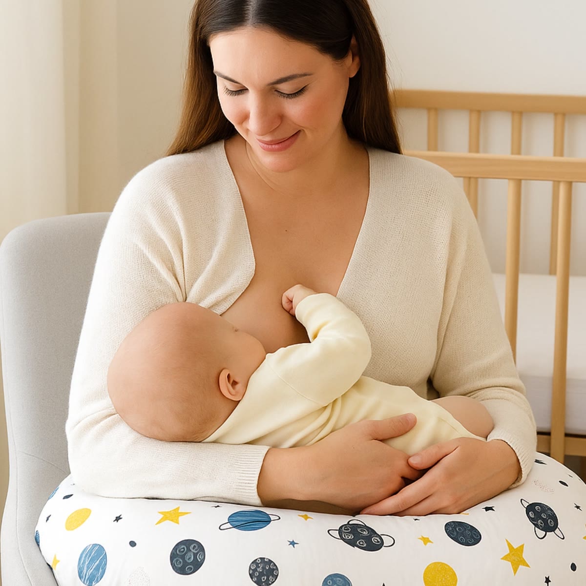 Ammepude med lille babypude og justerbar strop – Hvid planeter