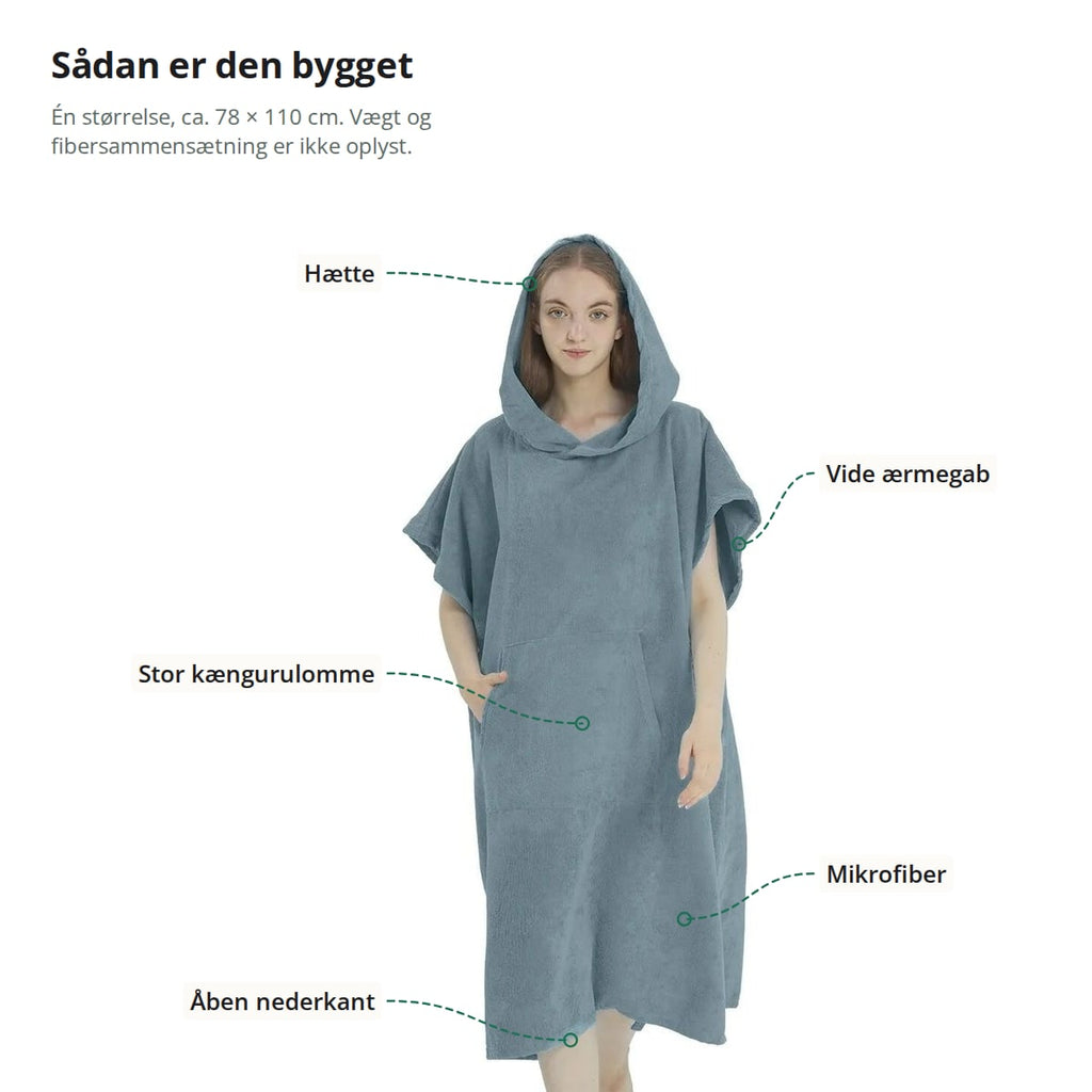Lyseblå badeponcho med hætten oppe og markeringer: hætte, stor kængurulomme, åben nederkant, vide ærmegab og mikrofiber; én størrelse, ca. 78 × 110 cm, vægt og fibersammensætning er ikke oplyst