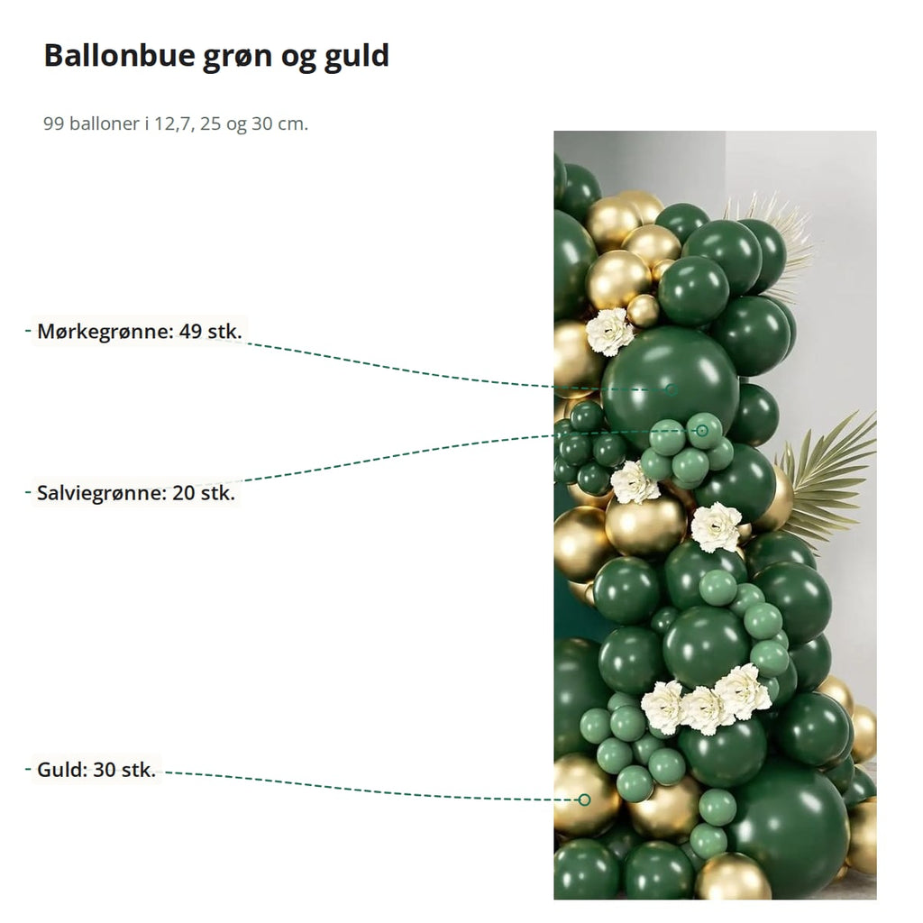 Ballonbue med markeringer af antallet i sættet: 49 mørkegrønne, 20 salviegrønne og 30 guldfarvede balloner