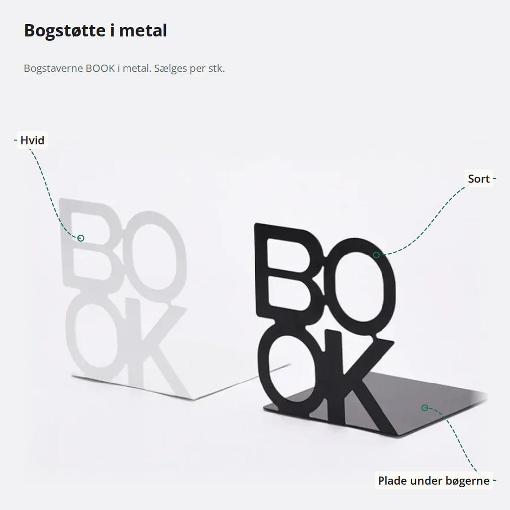 Hvid og sort bogstøtte i metal formet som ordet BOOK, med pladen der ligger under bøgerne