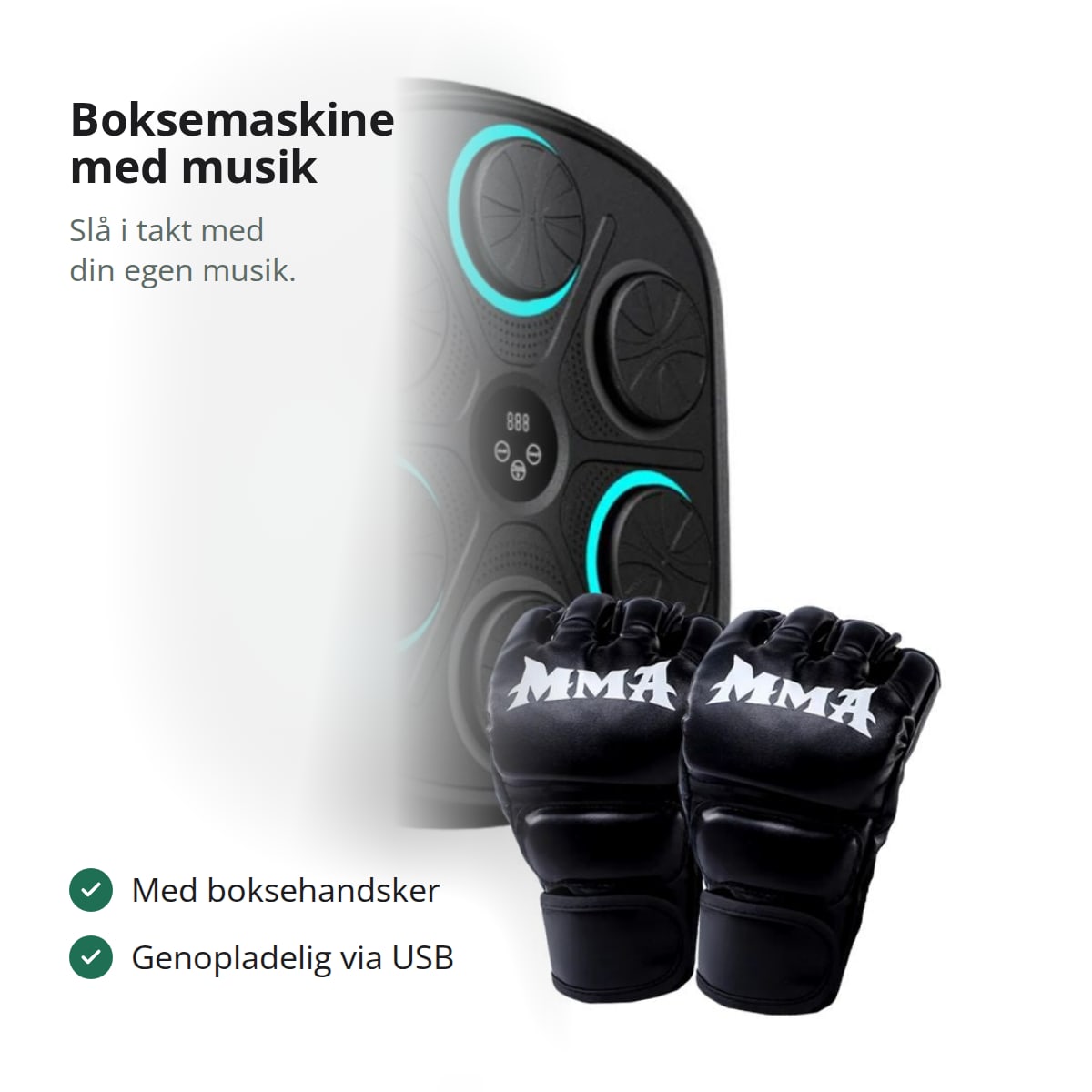 Boksemaskine med musik og et par boksehandsker