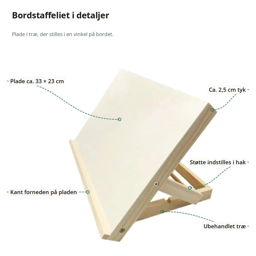 Bordstaffeli med markeringer: pladen på ca. 33 × 23 cm, ca. 2,5 cm tyk, støtten i hak, kanten forneden og det ubehandlede træ