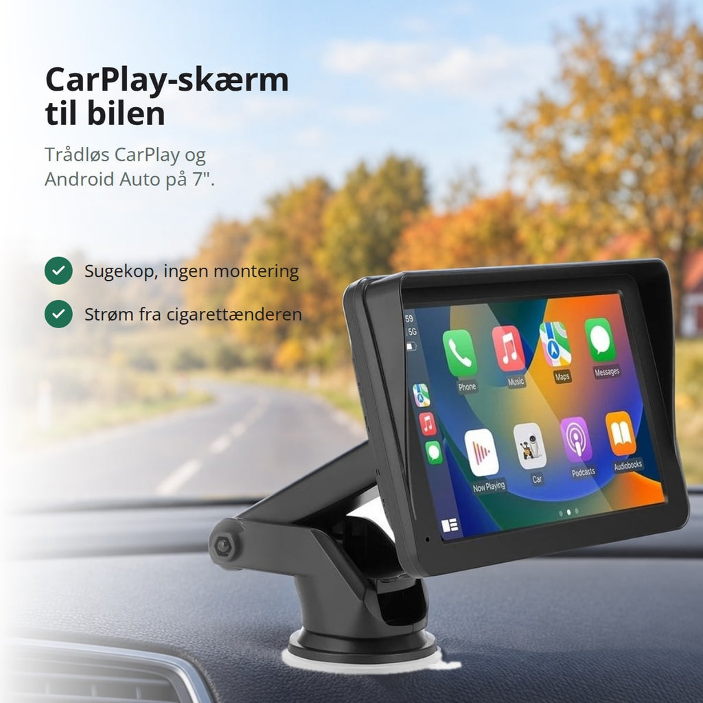 CarPlay skærm på 7 tommer med sugekop på instrumentbrættet, trådløs Apple CarPlay og Android Auto