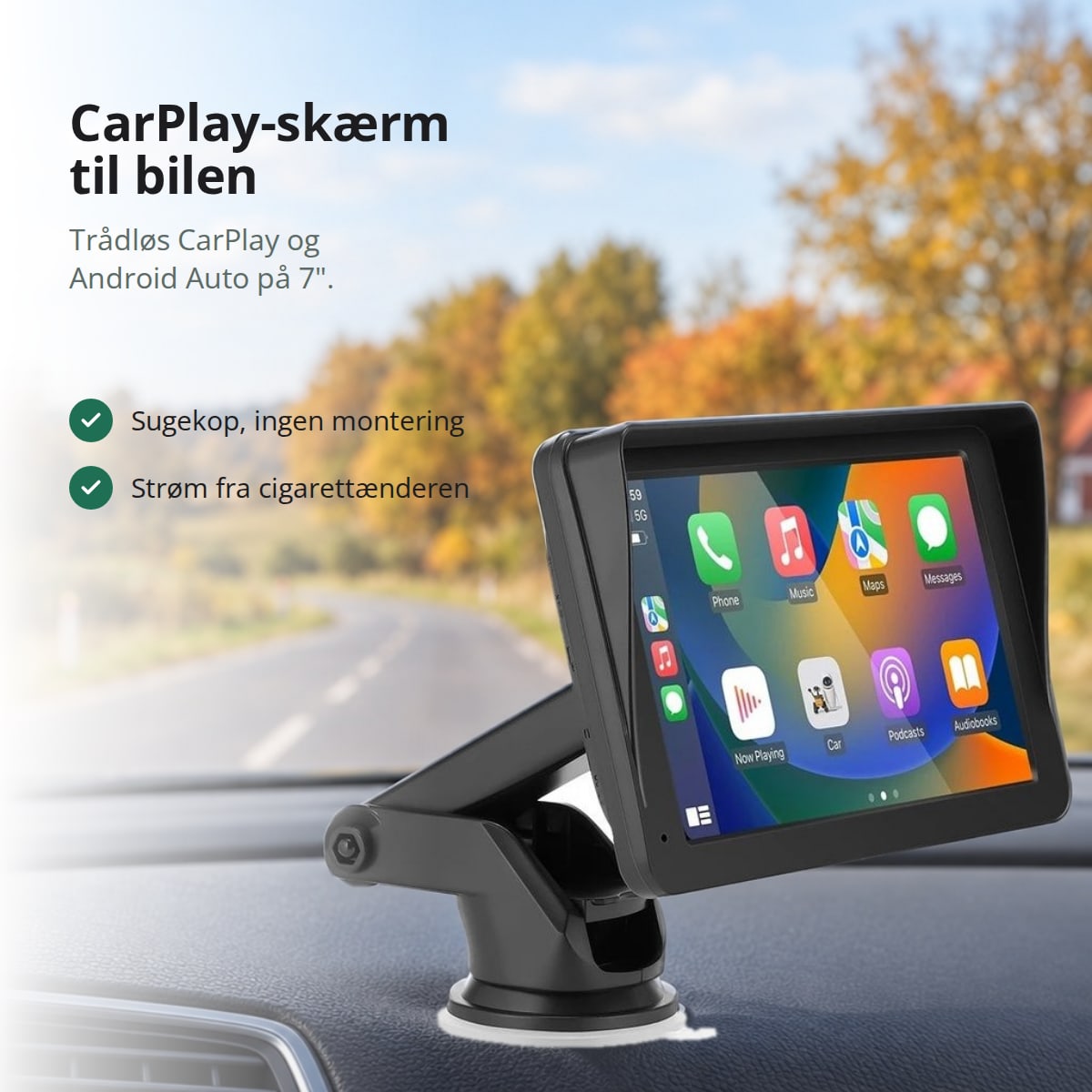 CarPlay skærm på 7 tommer med sugekop på instrumentbrættet, trådløs Apple CarPlay og Android Auto