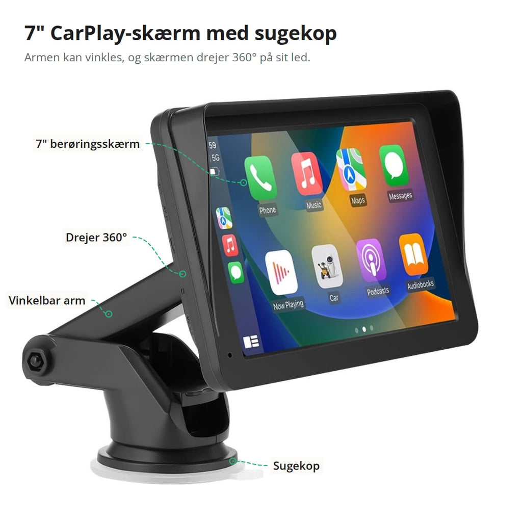 CarPlay skærmens dele: 7 tommer berøringsskærm, drejeligt led, vinkelbar arm og sugekop