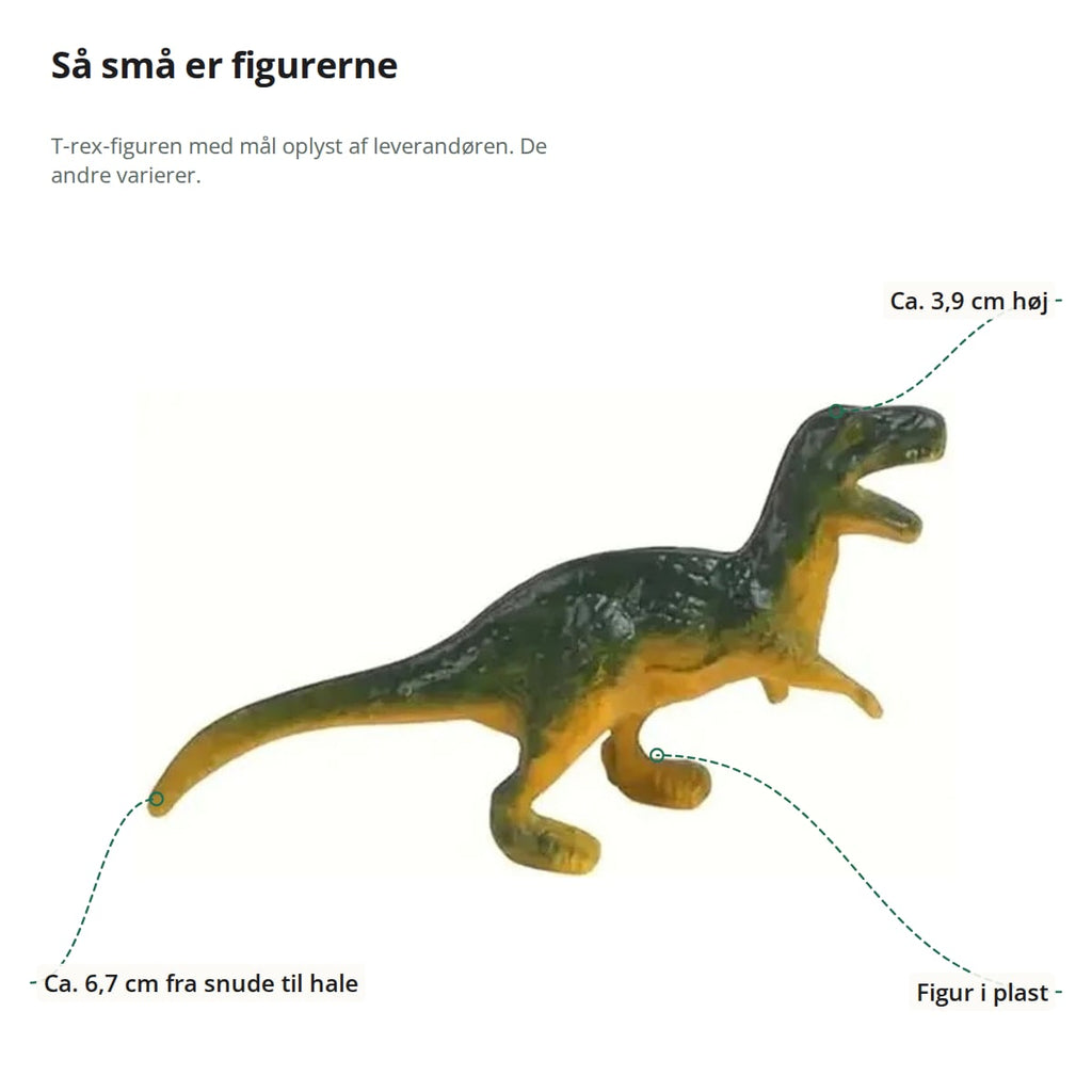 T-rex-figuren fra sættet med markeringer: højde ca. 3,9 cm og længde ca. 6,7 cm fra snude til hale, figur i plast