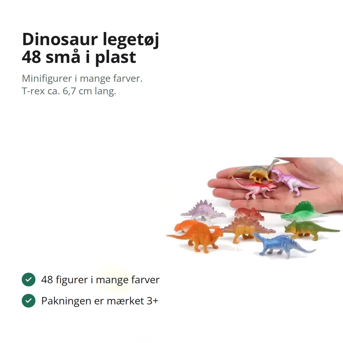 Små dinosaurfigurer i plast: tre i en voksenhånd og syv foran, som viser, hvor små figurerne er