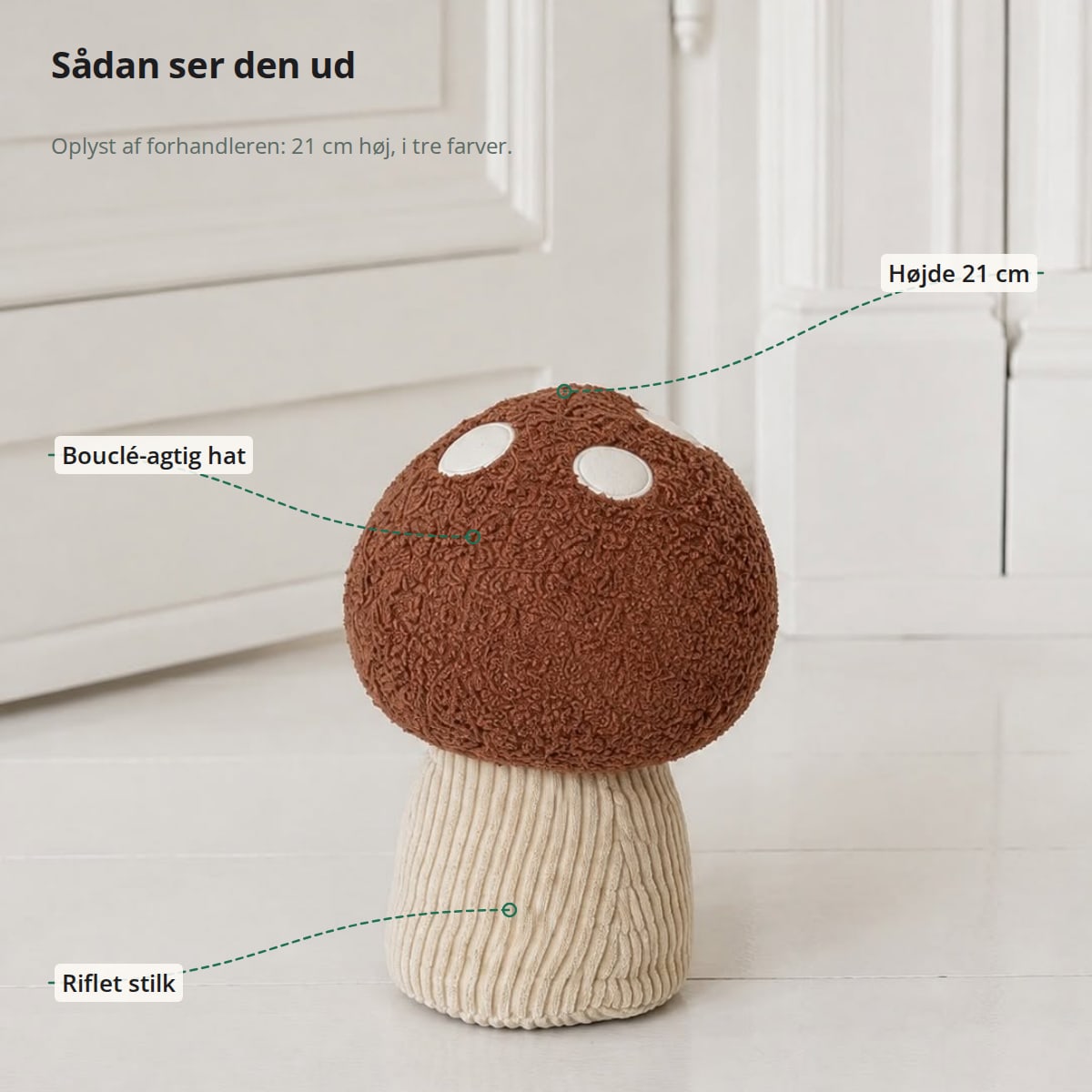 Dørstopperen med forklaringer: højde 21 cm, bouclé-agtig hat, riflet stilk