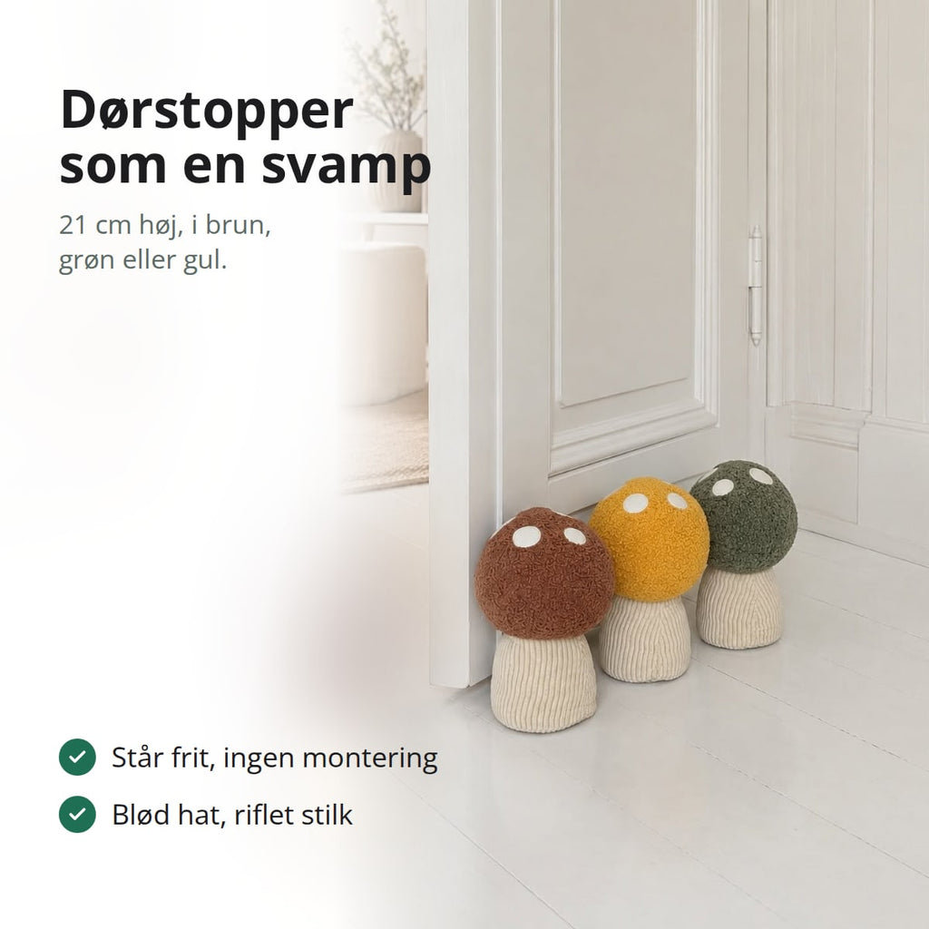 Dørstopper formet som en svamp, med tekst: står frit uden montering, blød hat og riflet stilk