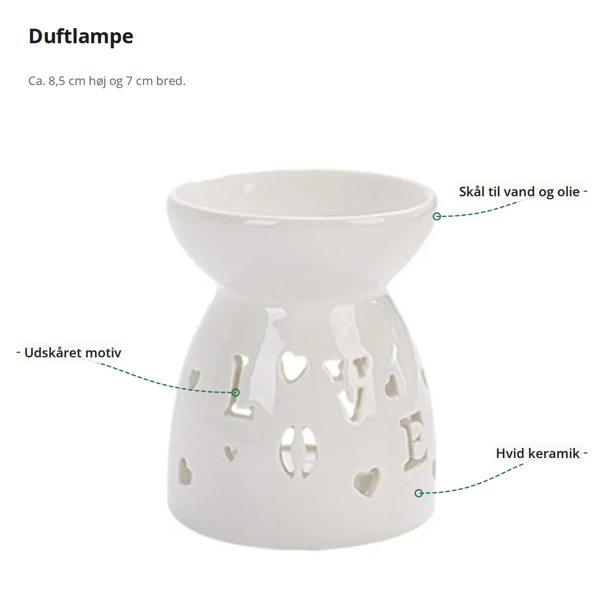 Duftlampe i hvid keramik med markeringer: skål til vand og olie, udskåret motiv og hvid keramik