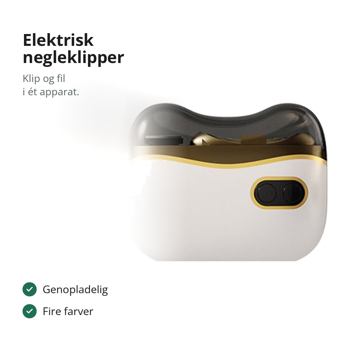 Elektrisk negleklipper med fil i hvid med gennemsigtigt låg