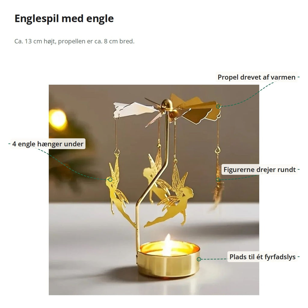 Englespil i guld med markeringer: propel drevet af varmen, fire engle under, figurer der drejer rundt, og plads til ét fyrfadslys