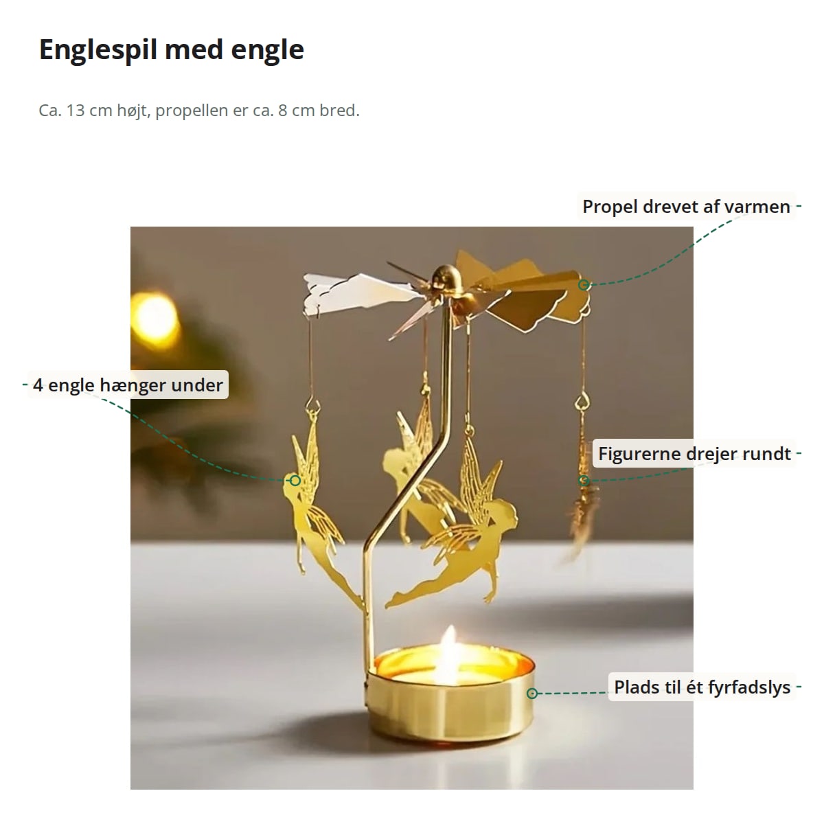 Englespil i guld med markeringer: propel drevet af varmen, fire engle under, figurer der drejer rundt, og plads til ét fyrfadslys