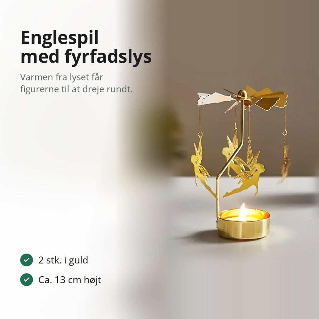 Englespil i guld med tændt fyrfadslys, med teksten: 2 stk. i guld, ca. 13 cm højt