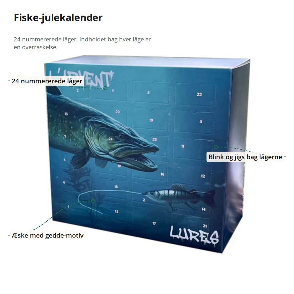 Fiske-julekalenderen med markeringer: 24 nummererede låger, blink og jigs bag lågerne og æske med gedde-motiv