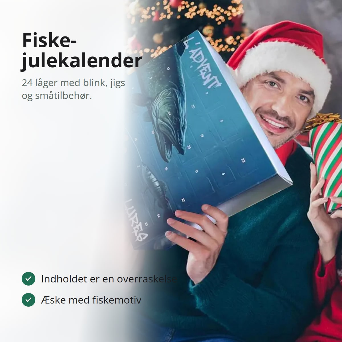 Blå fiske-julekalender med 24 låger, med teksten: blink, jigs og småtilbehør, indholdet er en overraskelse