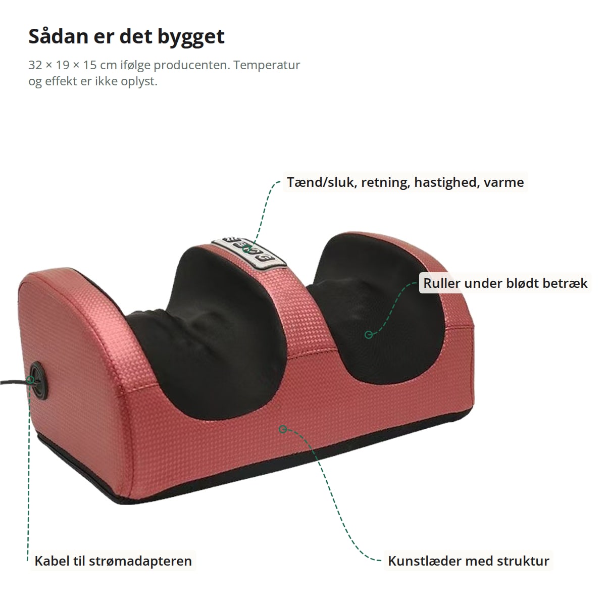 Rødt fodmassageapparat med markeringer: knapper til tænd/sluk, retning, hastighed og varme, ruller under blødt betræk, kabel til strømadapteren og kunstlæder med struktur; 32 × 19 × 15 cm ifølge producenten