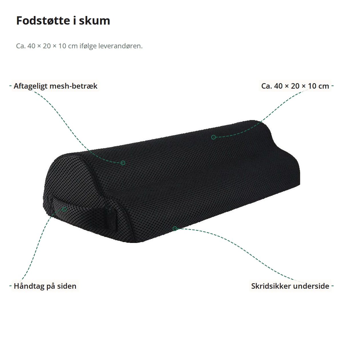 Sort fodstøtte i skum med markeringer: mesh-betræk, mål, håndtag på siden og skridsikker underside