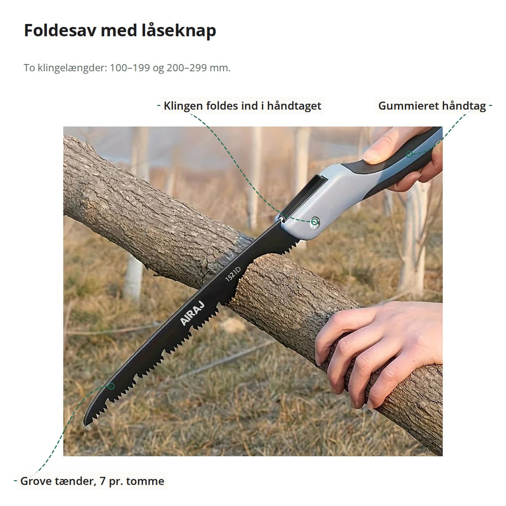 Foldesav med markeringer: grove tænder, klingen, der foldes ind i håndtaget, og det gummierede håndtag