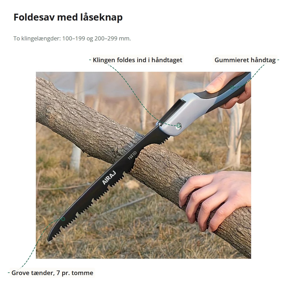 Foldesav med markeringer: grove tænder, klingen, der foldes ind i håndtaget, og det gummierede håndtag