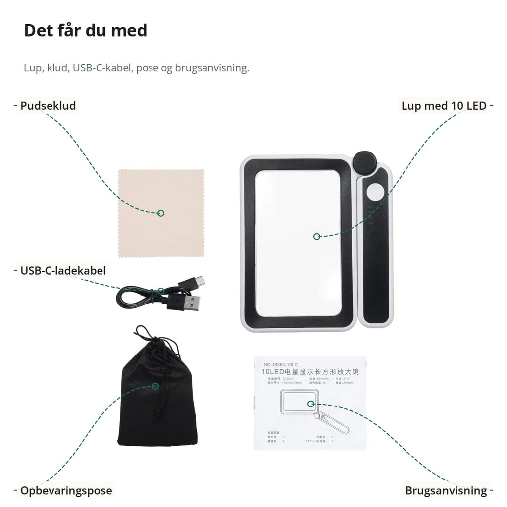 Indholdet i æsken: forstørrelsesglas med lys, pudseklud, USB-C-ladekabel, opbevaringspose og brugsanvisning