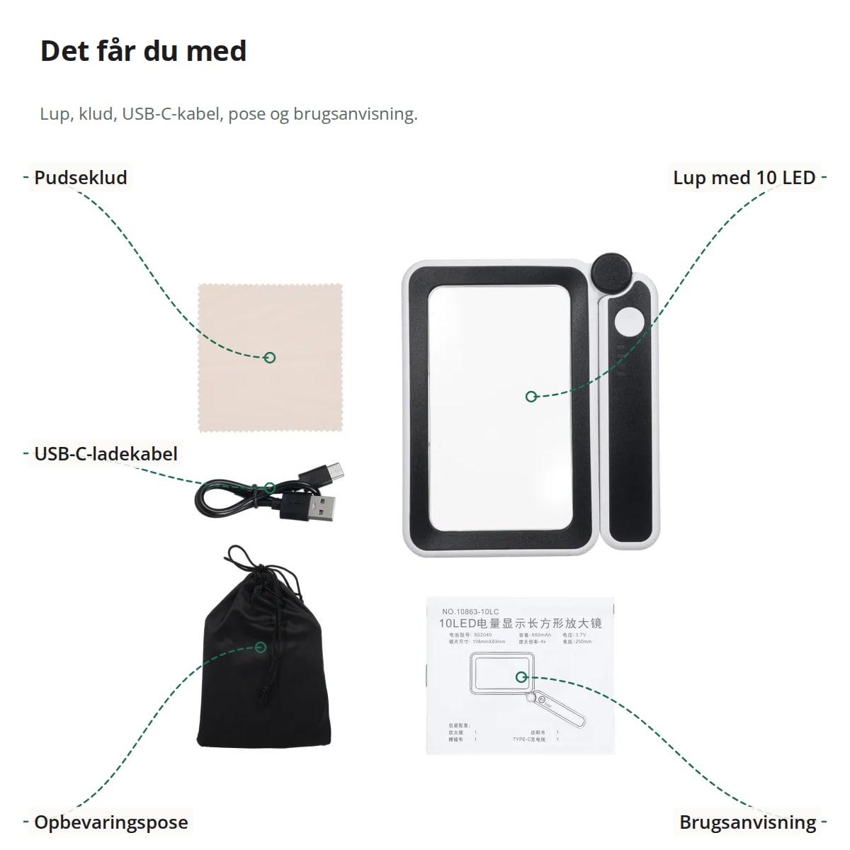 Indholdet i æsken: forstørrelsesglas med lys, pudseklud, USB-C-ladekabel, opbevaringspose og brugsanvisning