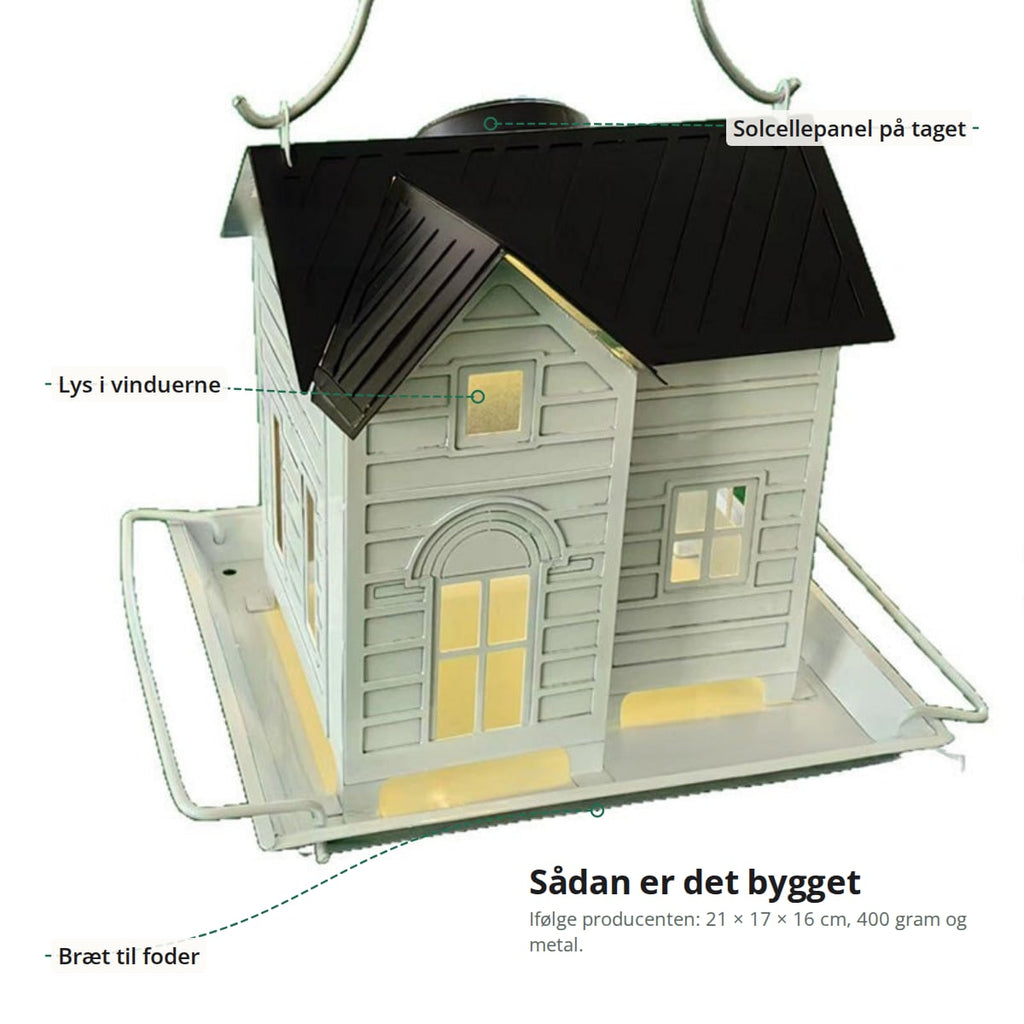 Fuglefoderhuset med solcellepanel på taget, lys i vinduerne og foderbrættet markeret