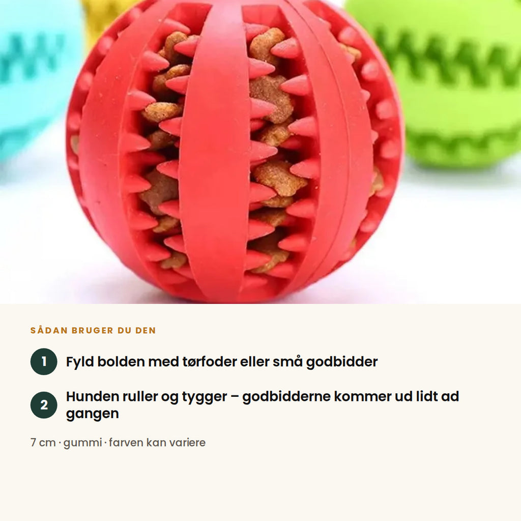 Sådan bruger du godbidsbolden: fyld den med tørfoder eller små godbidder, hunden ruller og tygger, og godbidderne kommer ud lidt ad gangen