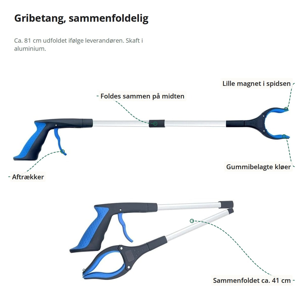 Gribetangen udfoldet og sammenfoldet med markeringer: aftrækker, led på midten, lille magnet i spidsen, gummibelagte kløer og ca. 41 cm sammenfoldet