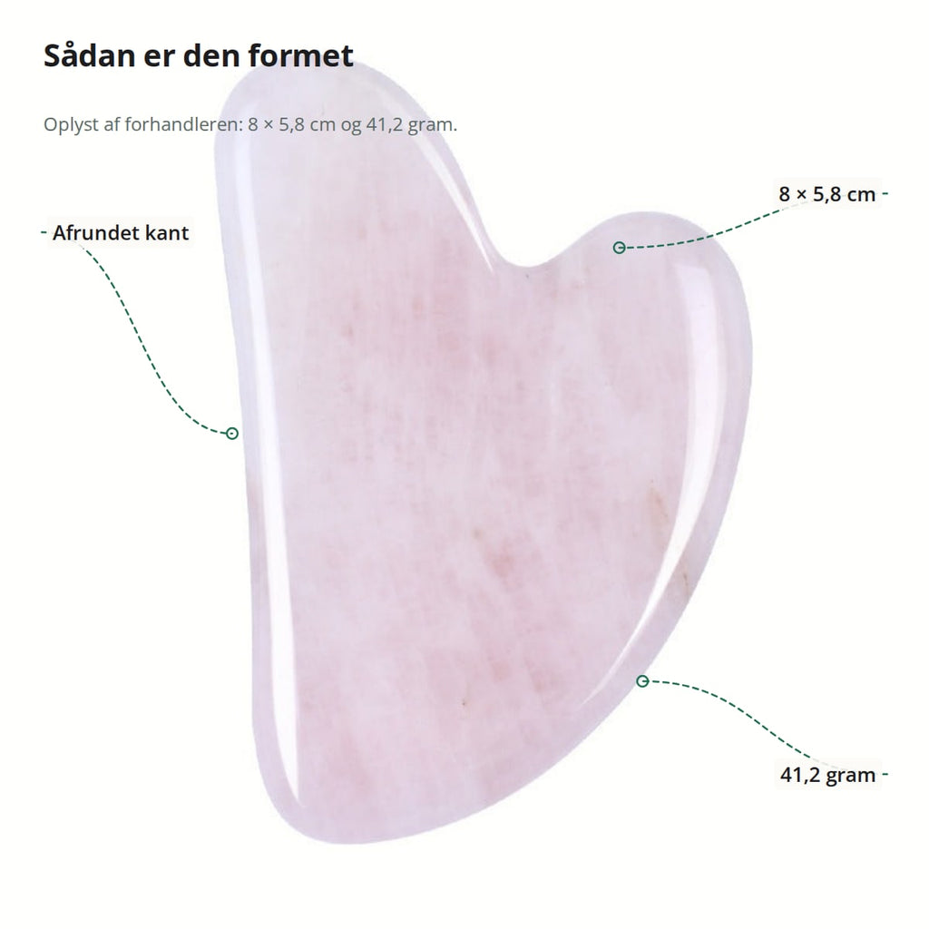 Hjerteformet gua sha med afrundet kant, mål 8 × 5,8 cm og vægt 41,2 gram markeret