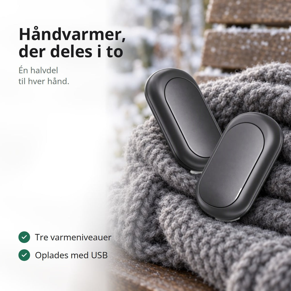 Sort genopladelig håndvarmer i to halvdele på et uldtørklæde på en bænk i sneen