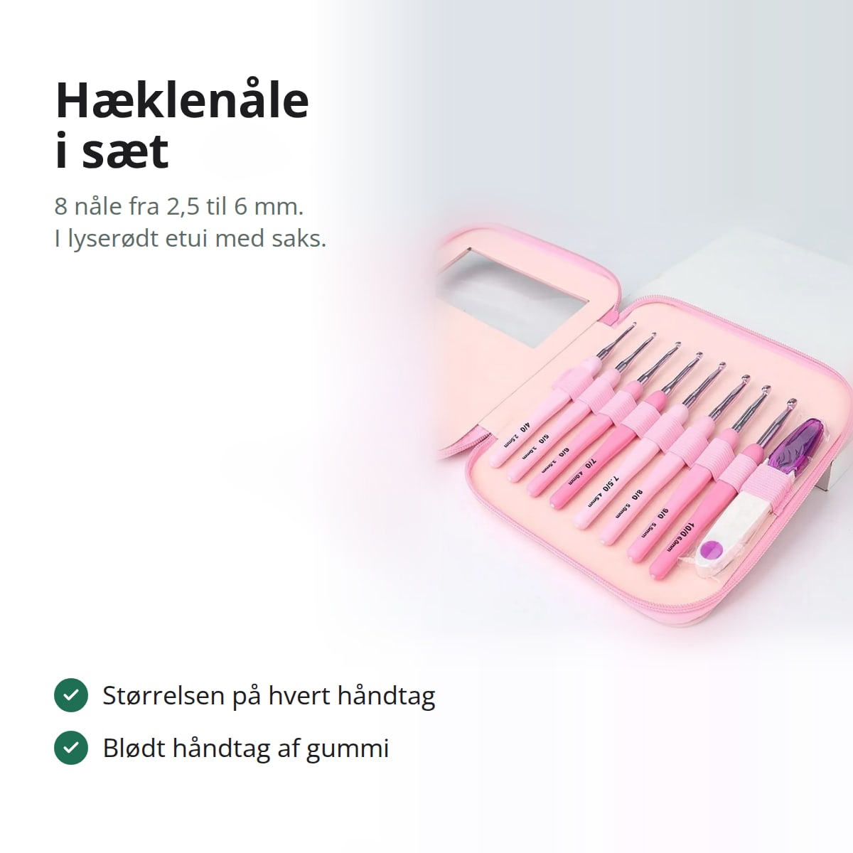 Lyserødt sæt hæklenåle i åbent etui med 8 hæklenåle og trådsaks