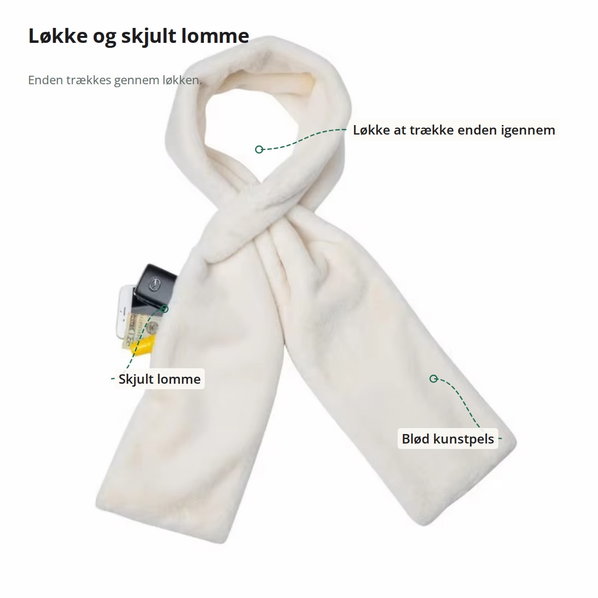 Halsedisse med løkke og skjult lomme i blød kunstpels