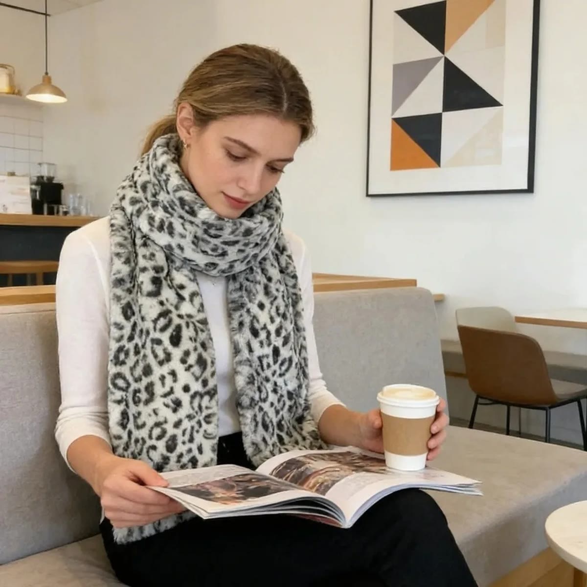 Person sidder med halsedisse i leopardmønster og læser på en café