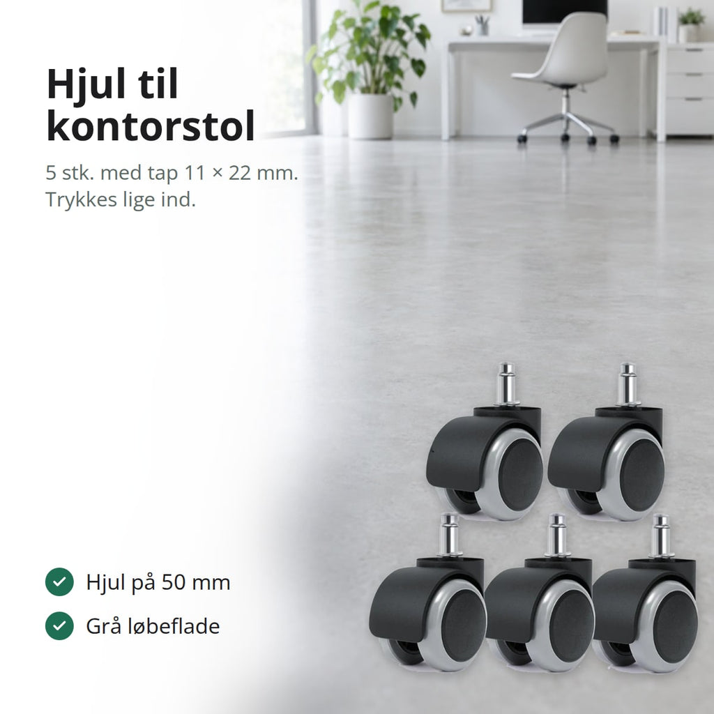 Fem hjul til kontorstol med grå løbeflade på et lyst betongulv