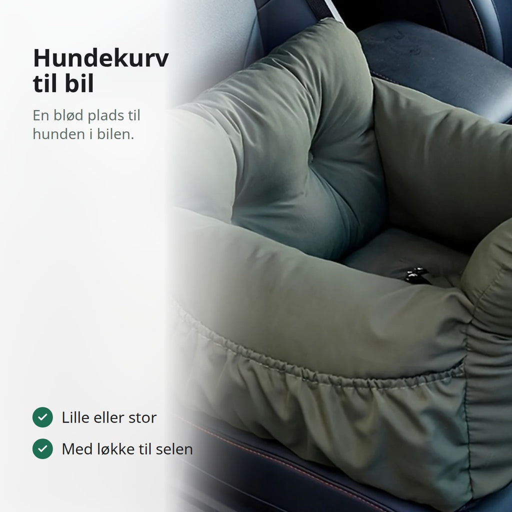 Hundekurv til bil i grøn på et bilsæde