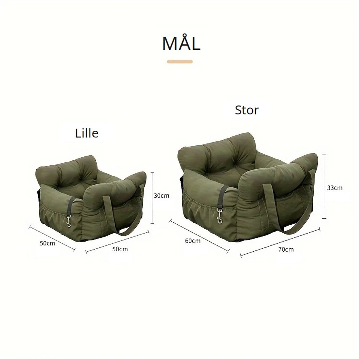 Mål på hundekurven: lille 50 × 50 × 30 cm, stor 70 × 60 × 33 cm