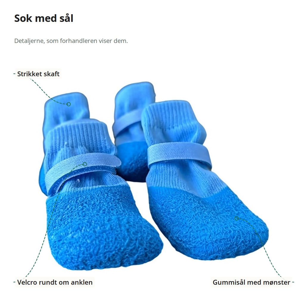 To blå hundesokker med markeringer: strikket skaft, velcro rundt om anklen og gummisål med mønster