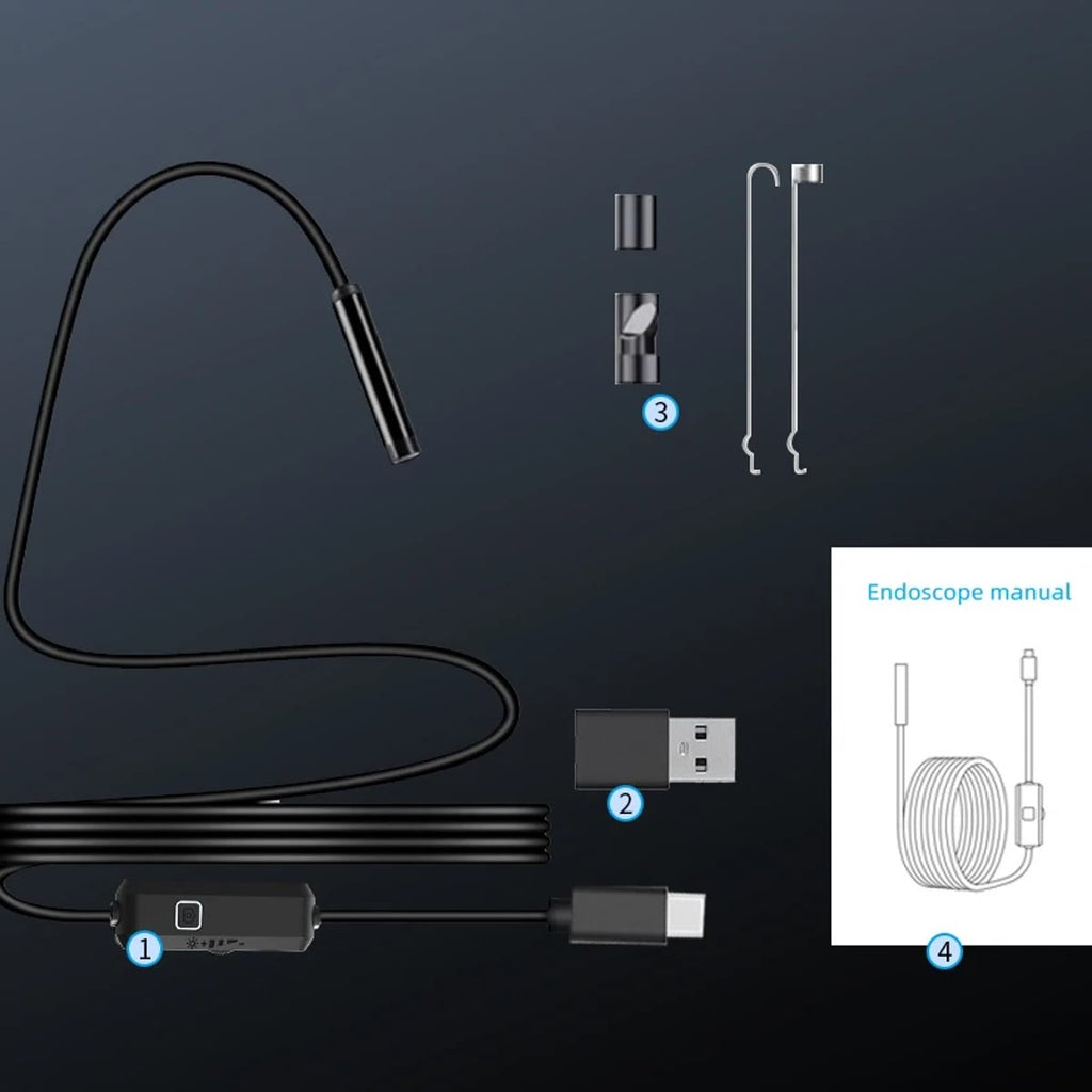 Indholdet i æsken: inspektionskamera med kabel, USB-adapter, tilbehør og brugsanvisning