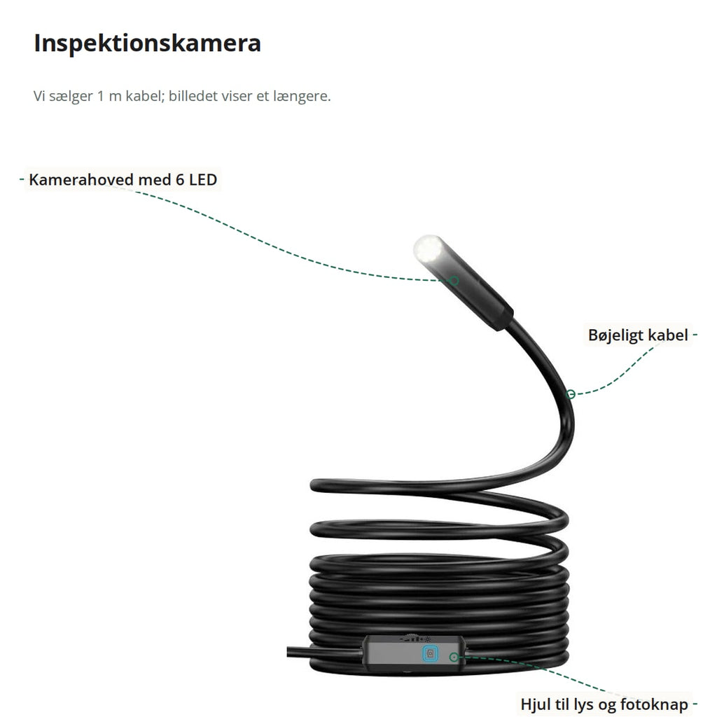 Inspektionskamera med markeringer: kamerahoved med 6 LED, bøjeligt kabel og hjul til lys og fotoknap