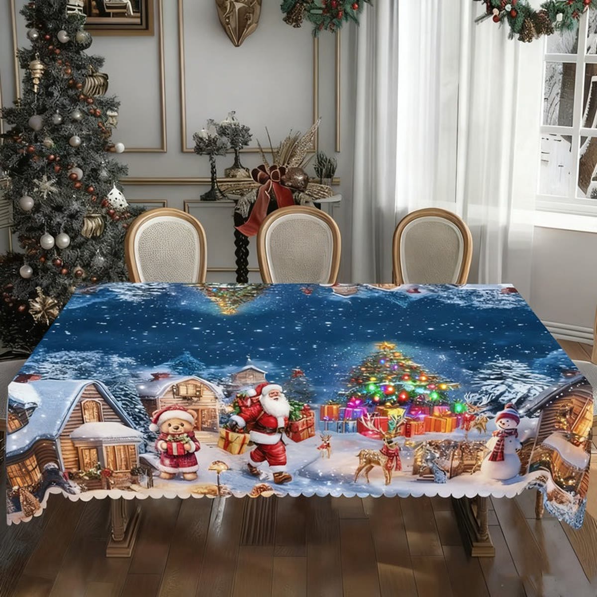 Juledug med vinterlandskab i blåt på et bord med juletræ i baggrunden