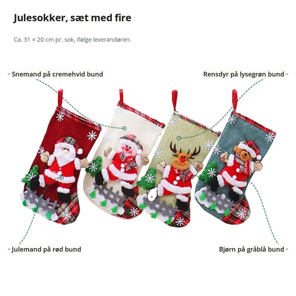 De fire julesokker: snemand, rensdyr, julemand og bjørn